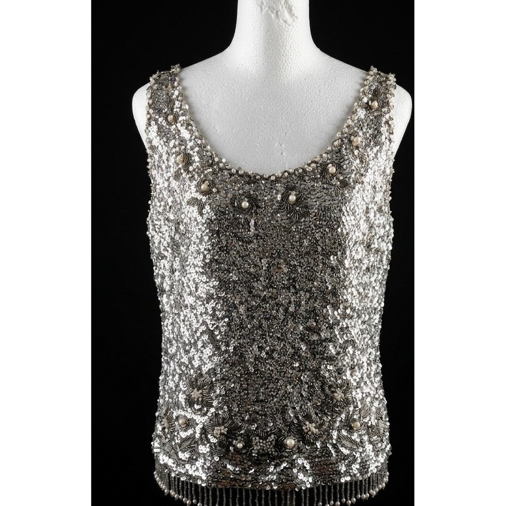 Vintage 1960s Marianne Fashions Beaded Sequin Top Silver Wool Shell L‎ - As Is